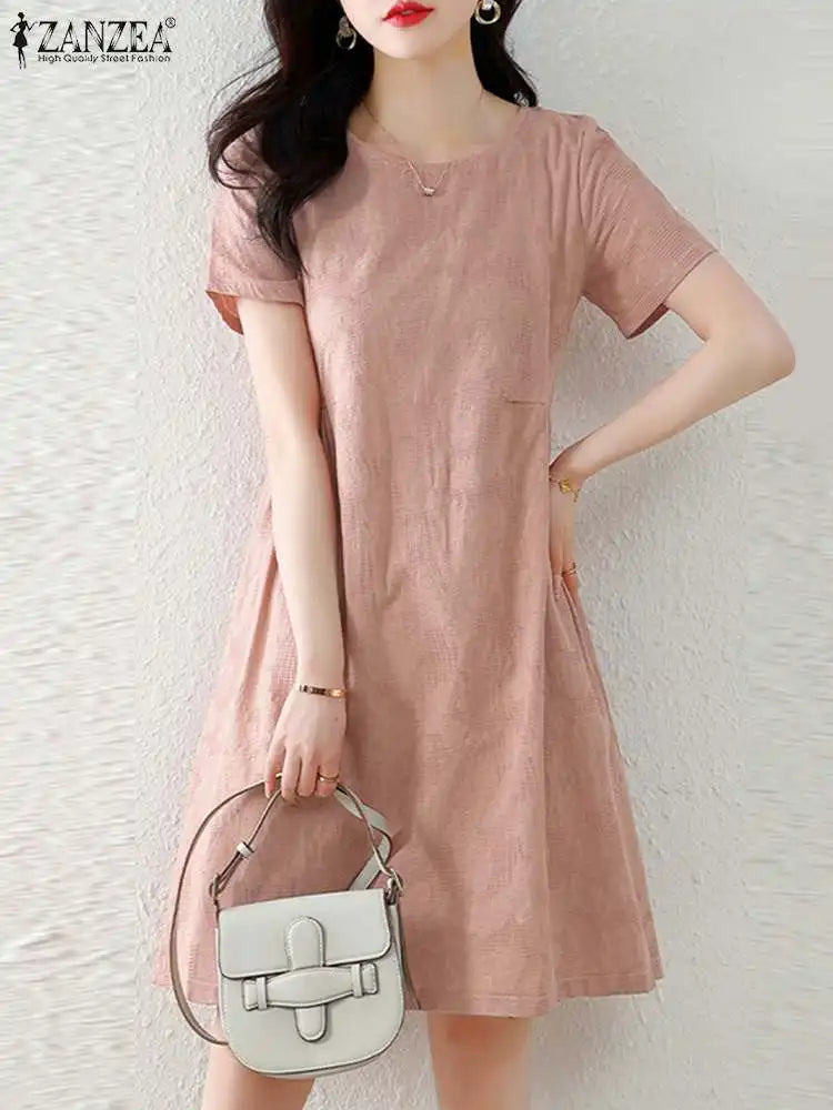 ZANZEA Holiday Texture Fabric Cotton Robe Women Knee-length Dress 2024 Summer Short Sleeve Vestido Casual Loose Solid Mini Dress