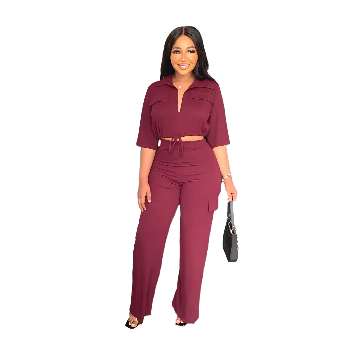 Elegant Women's Set Casual Drawstring Half Sleeve Short Blouse High Waist Straight Wide Leg Pant Suit Tracksuit Two Piece Outfit