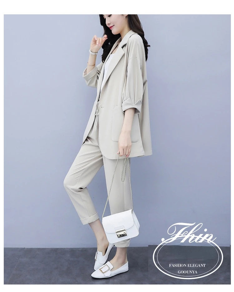 Spring and Autumn New Fashion Plus Size Women's Three Piece Suit Cotton Blended Single Button Coat Nine Point Pants Office