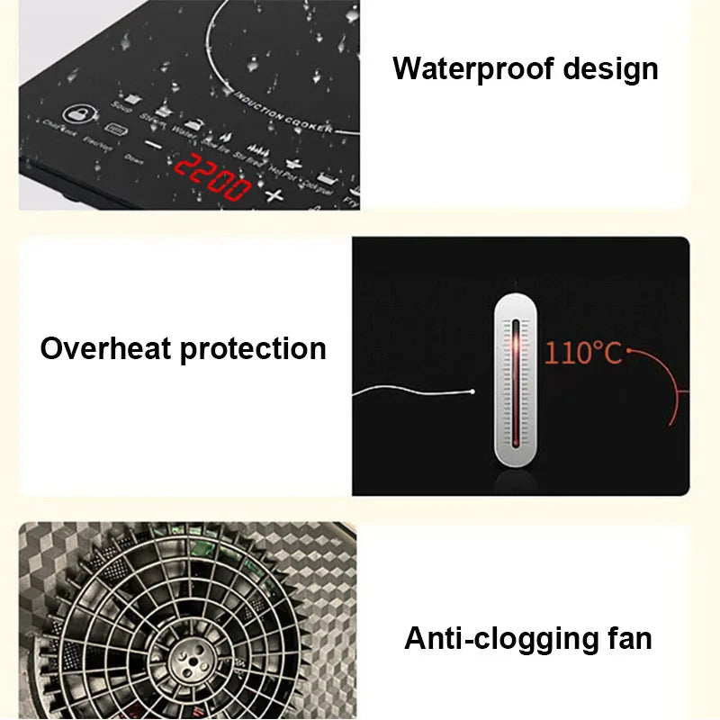 110V/220V Electric Magnetic Induction Cooker Waterproof Hot Pot Oven Furnace Cooking Stove Kitchen Hotpot Heater Cooktop 2200W