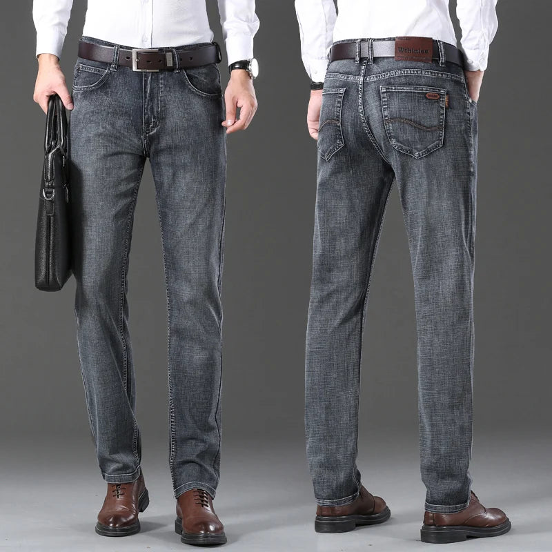20234 Brand Men's Stretch Loose Straight Fit Jeans Men's Business Casual Denim Pants Brand New Style Trousers Mens Wear Grey