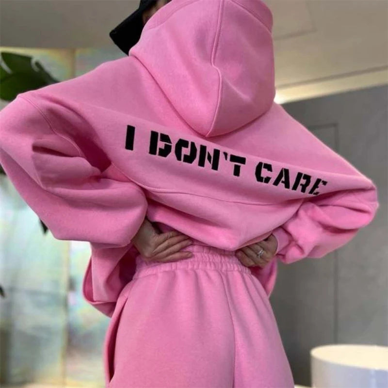 2024 New Women's Casual Fashion Print Suit Solid Color Thickened Warm Hooded Top Elastic Sports Pants Female's Two Piece Set