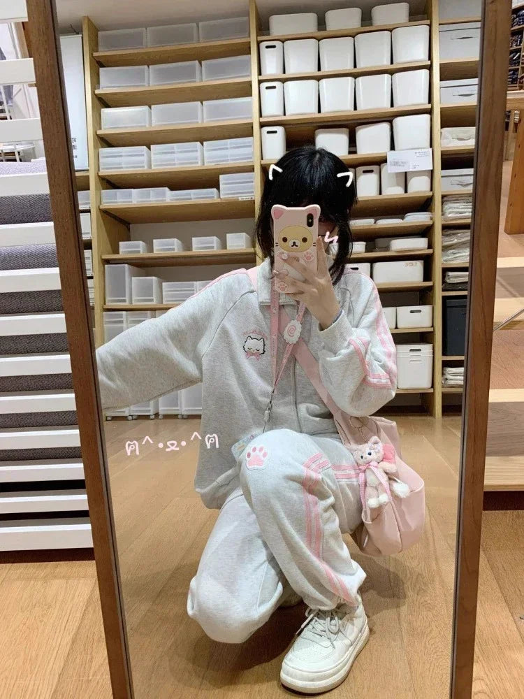HOUZHOU Japanese Fashion Kawaii Zipper Hoodie Women Harajuku Cute Pink Cat Embroidery Oversized Hooded Sweatshirt Winter 2023