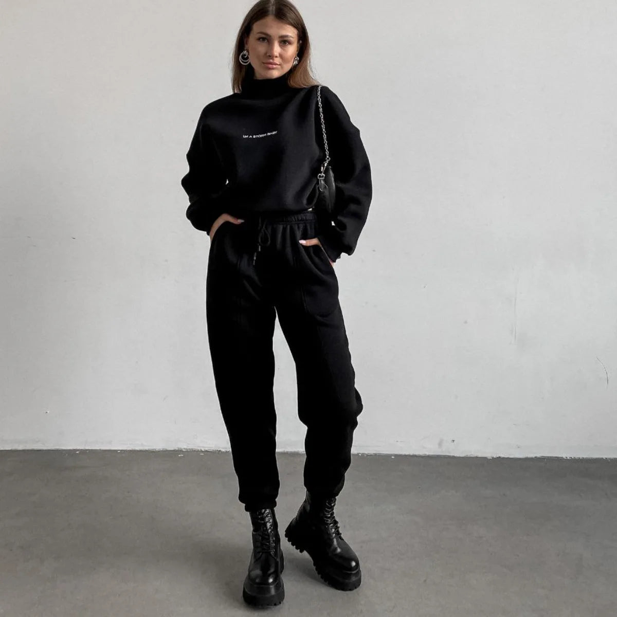 2023 Spring Autumn New Printed Loose Sports Suit Women Turtleneck Long Sleeve Sweatshirt Drawstring High Waist Pencil Pants Suit