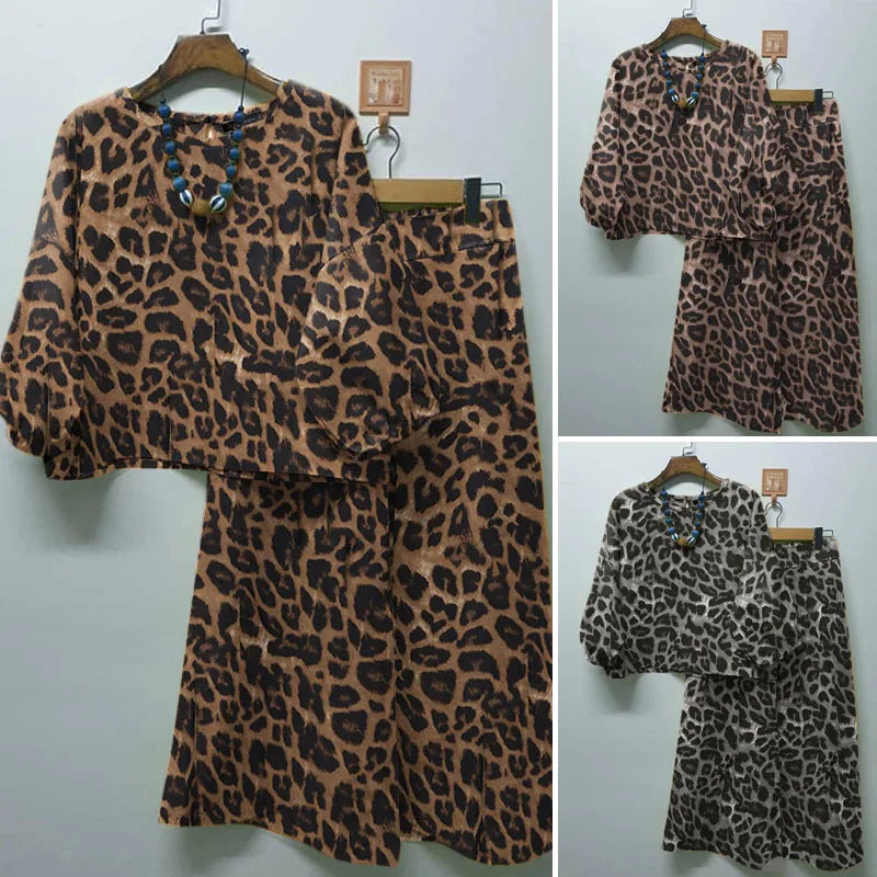 ZANZEA Spring Leopard Printed Matching Sets 3/4 Sleeve O-Neck Blouse Casual Trousers 2PCS Woman Fashion Party Suit Oversized