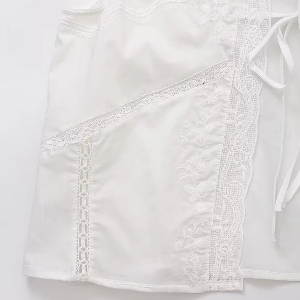 TRAF-Women's Lace Embroidery Blouses, O Neck, Sleeveless, Front Tied, Female Shirts, Chic Tops, Fashion