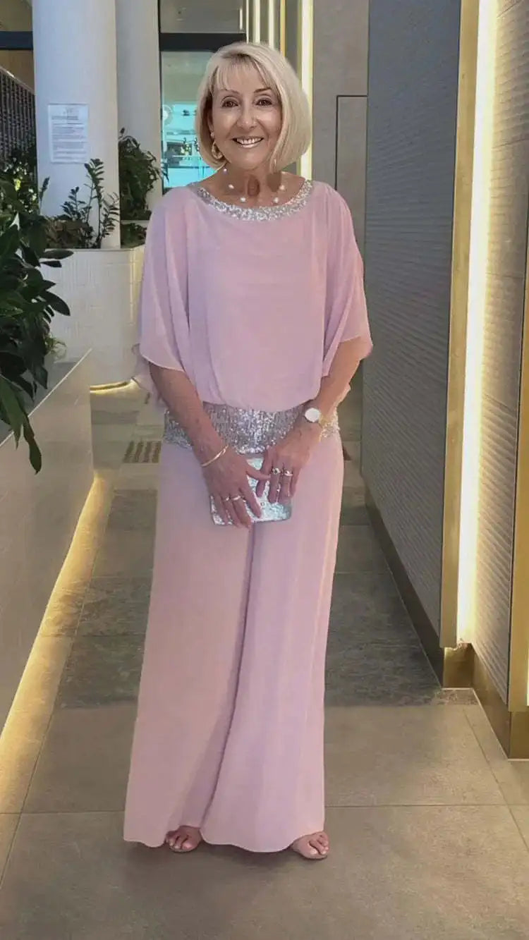 Fashion Sequin Splicing Chiffon Shirt Women's Bat Short Sleeved Suit Summer New Wide Leg Pants Elegant Female Office 2 Piece Set