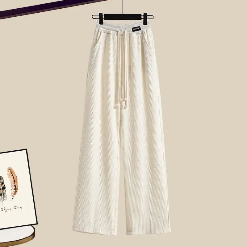 2023 Summer New Wide Free Casual Wide Leg Trousers White Shirt Wave Bra Vest Three Piece Elegant Women's Pants Set Tracksuit