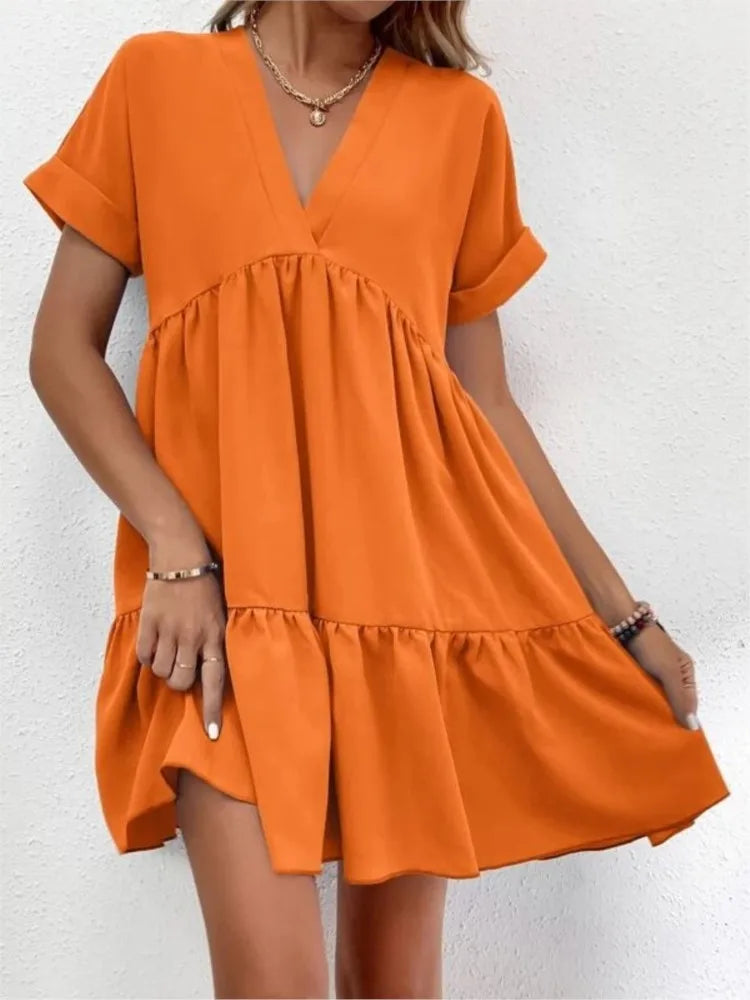Women's Short Dress 2024 New Summer Style Fresh And Sweet V-neck Solid Color Large Swing Elegant Casual Short Dress
