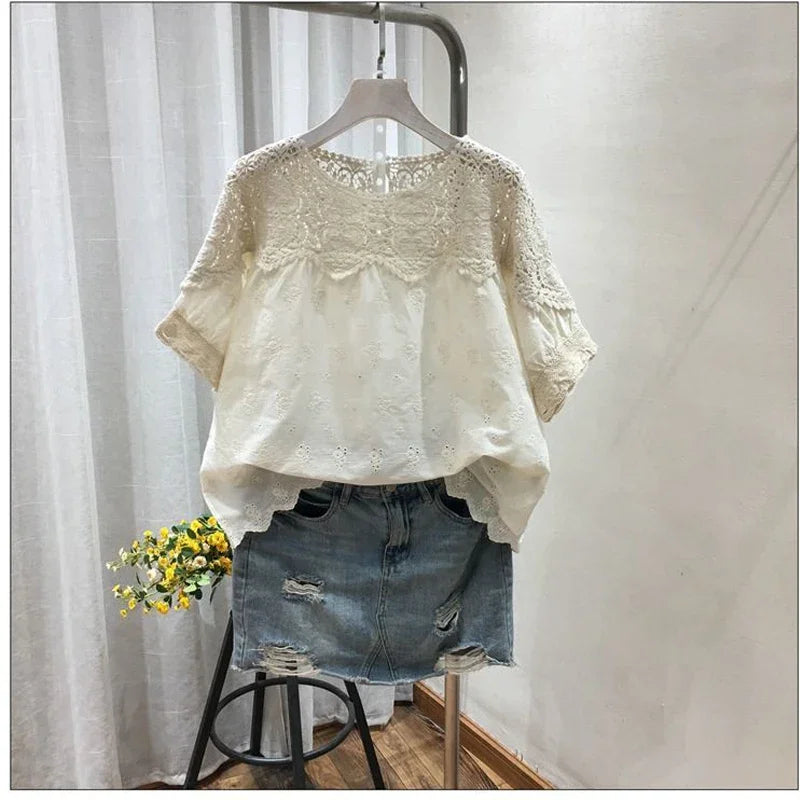 Embroidery Hollow Women Shirts Fashion Loose Short Sleeve Shirt Summer Comfortable Casual Female Tops O-Neck Ladies Clothes