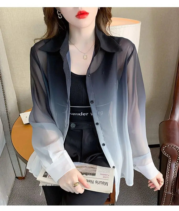 Shirts Women Gradient Loose Leisure Summer Sunscreen Lapel Thin Soft Designed Breathable Korean Fashion Clothing Office Lady New