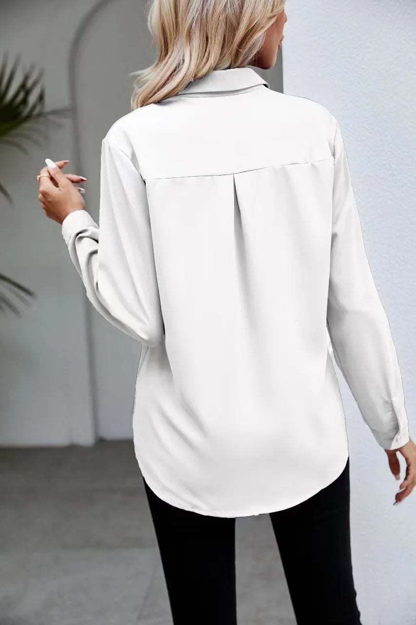 Casual Chiffon Blouse Tops Spring Summer V Neck Long Sleeve Hide Button Loose OL Workwear Business Blouse Shirts ARJ-004