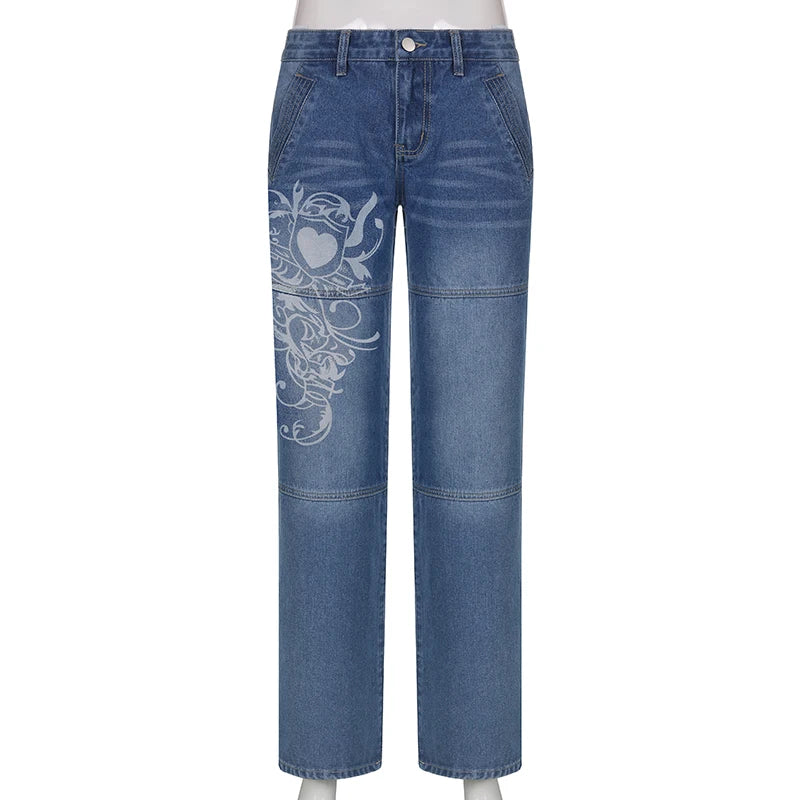 Women's Floral Print Jeans Straight Pants