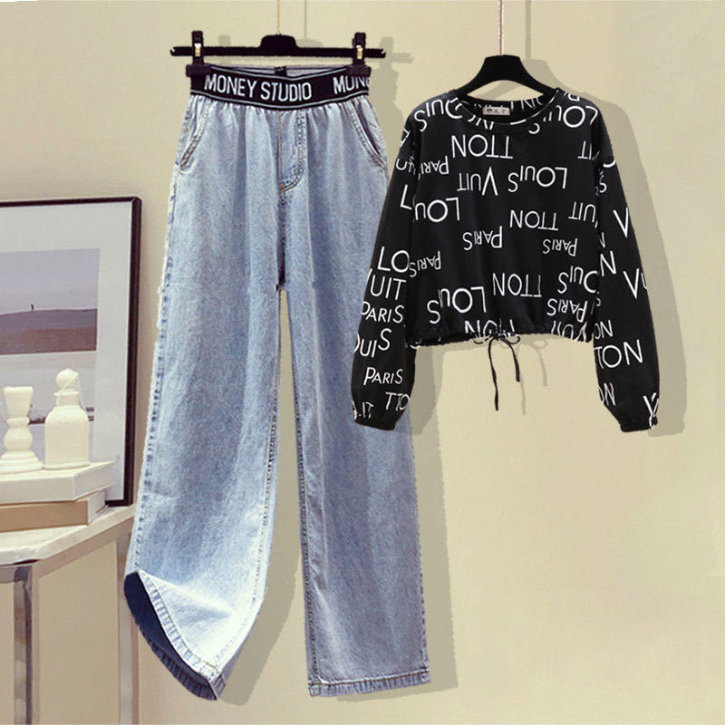 Autumn New Letter Print Lace Up T-shirt High Waist and Wide Leg Jeans Two-piece Set Elegant Women's Pants Set Female Tracksuit