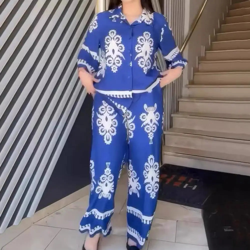 Women Wide-leg Pants Suit Women's Contrast Color Shirt Pants Set with Turn-down Collar Three Quarter Sleeve Top Wide Leg Elastic