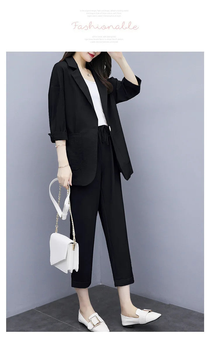 Spring and Autumn New Fashion Plus Size Women's Three Piece Suit Cotton Blended Single Button Coat Nine Point Pants Office