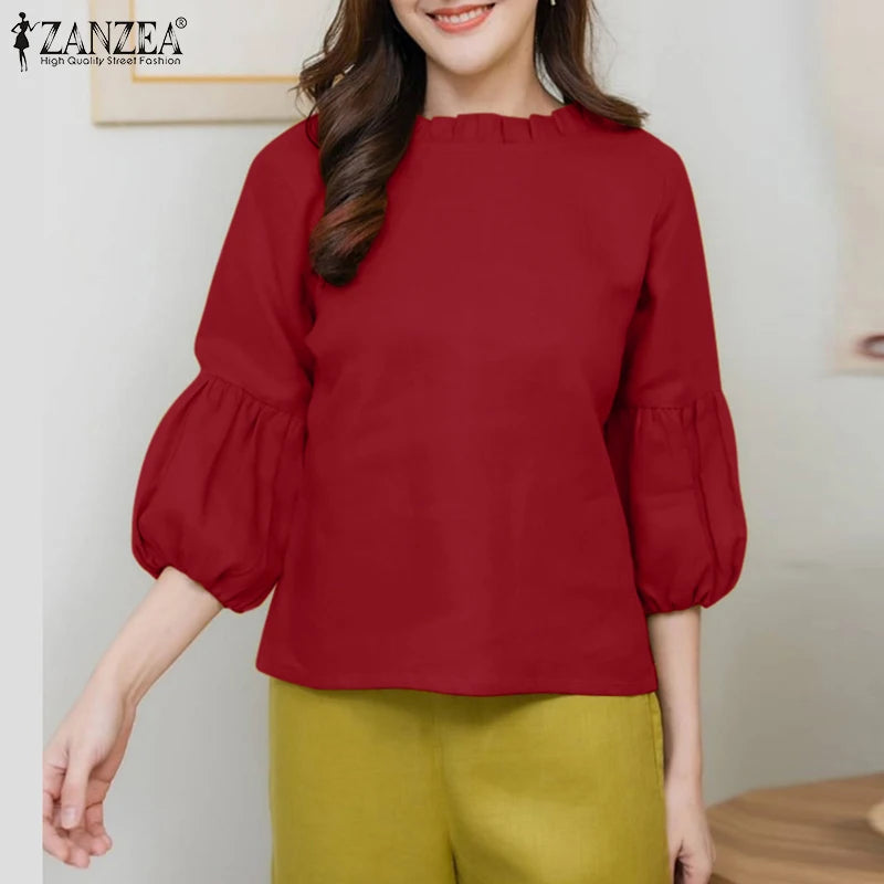 ZANZEA Summer Elegant 3/4 Puff Sleeve Blouse Fashion Women Shirt Female Tunic Tops Casual Solid OL Work Blusas Oversize Chemise