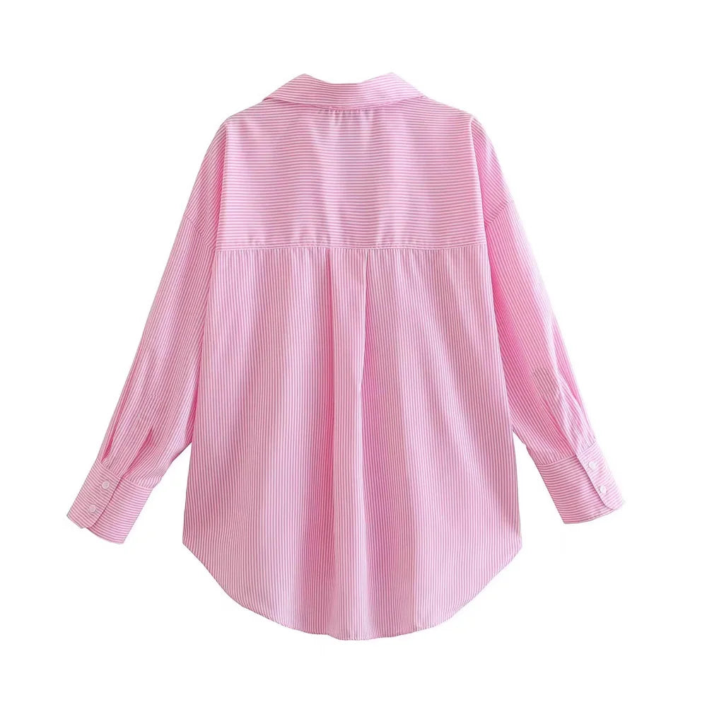 TRAF-Striped Loose Shirts With Pocket for Women, Long Sleeve, Button-up Blouses, Chic Tops, Female Fashion