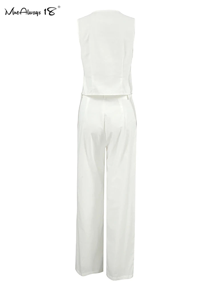 Mnealways18 White Cotton Pants Women's 2-Piece Set Clothing Linen Blazers Tops And Wide Leg Pants Elegant Women's Ensembles 2024