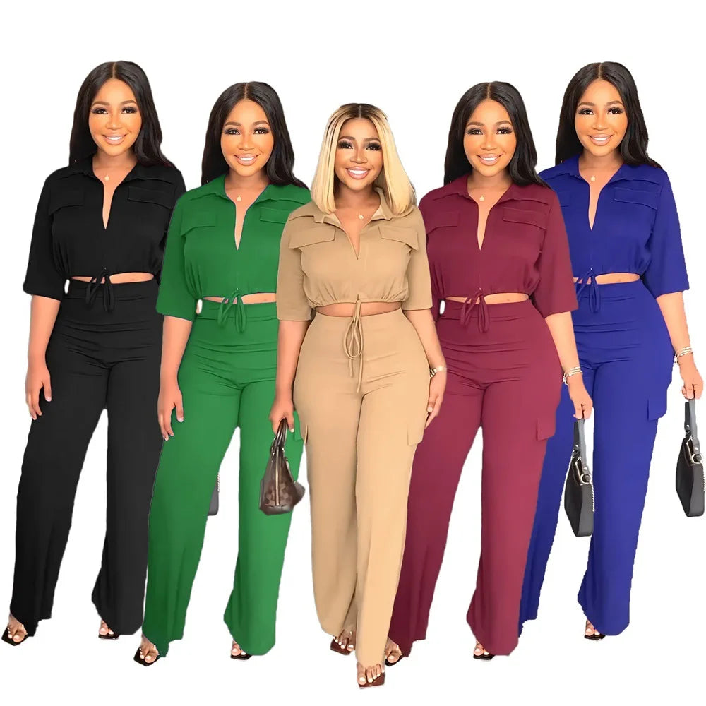 Elegant Women's Set Casual Drawstring Half Sleeve Short Blouse High Waist Straight Wide Leg Pant Suit Tracksuit Two Piece Outfit