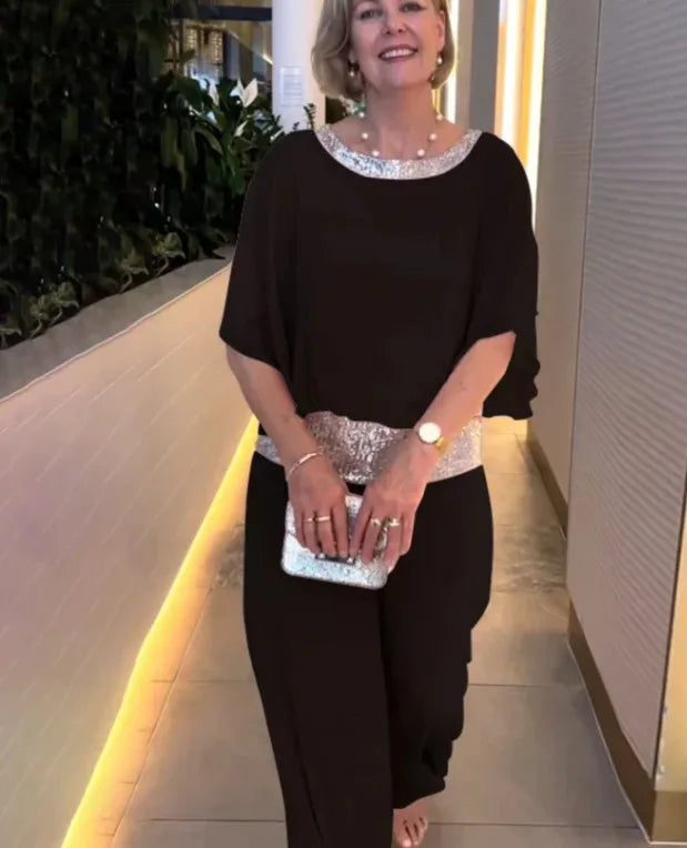 Fashion Sequin Splicing Chiffon Shirt Women's Bat Short Sleeved Suit Summer New Wide Leg Pants Elegant Female Office 2 Piece Set