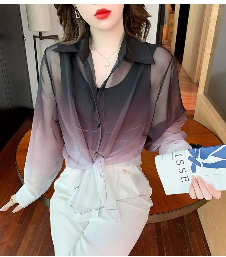 Shirts Women Gradient Loose Leisure Summer Sunscreen Lapel Thin Soft Designed Breathable Korean Fashion Clothing Office Lady New