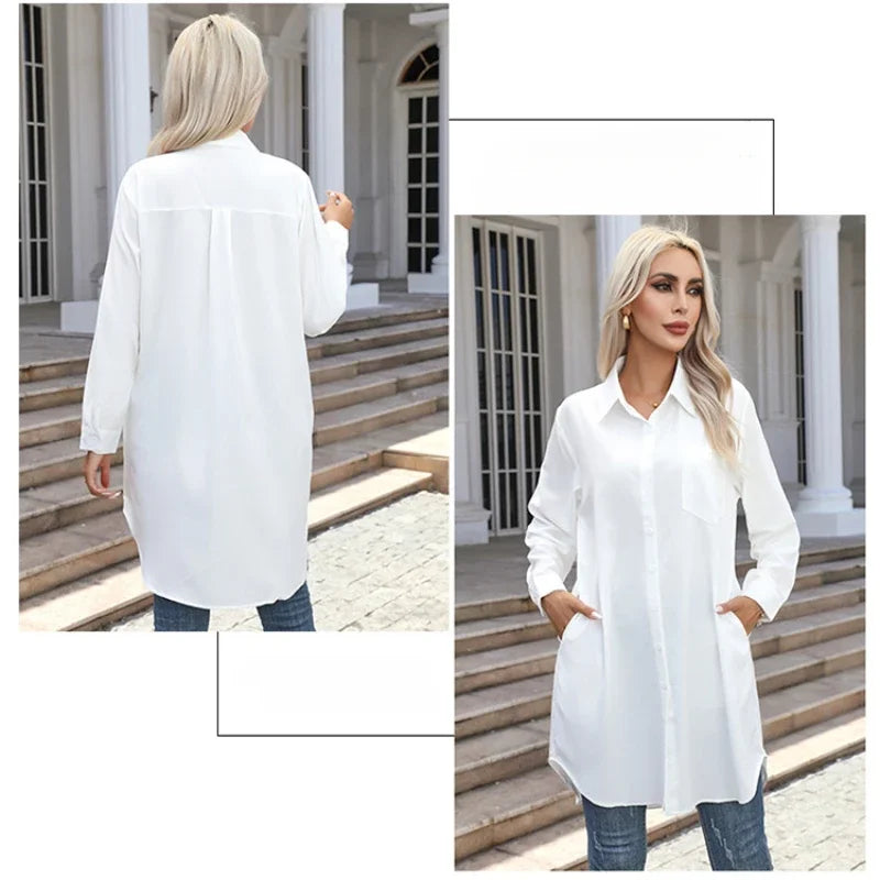 Long Shirt Women 2023 Vintage Pocket Shirts &Blouses Oversized Long Sleeve Blouse Fashion Women's Clothing Button Up Womens Tops