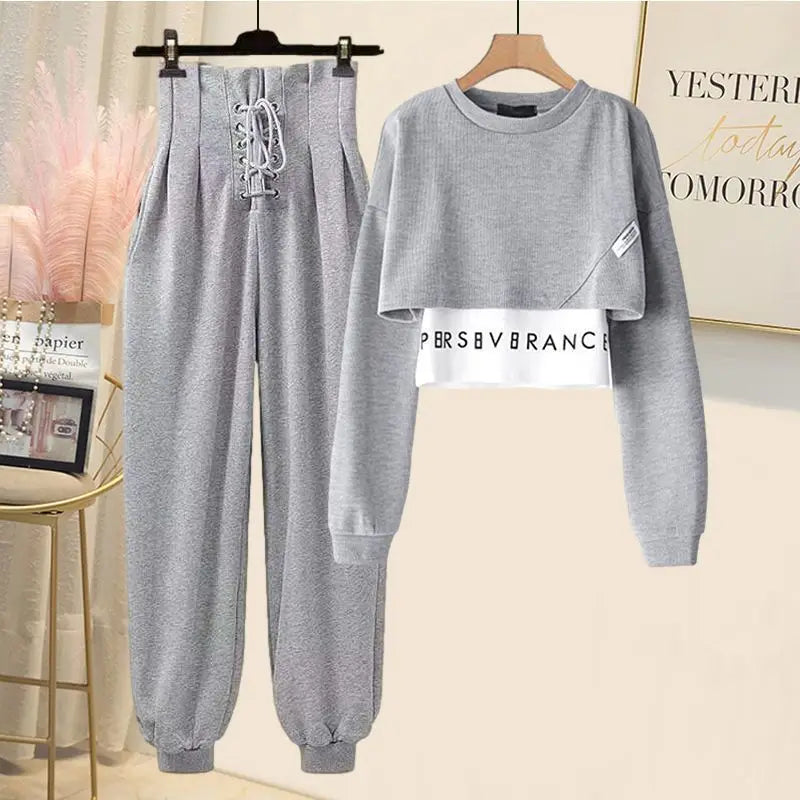 Korean Popular Autumn New Long Sleeve T-shirt High Waist Lace Casual Harun Trousers Two Piece Elegant Women's Pants Set