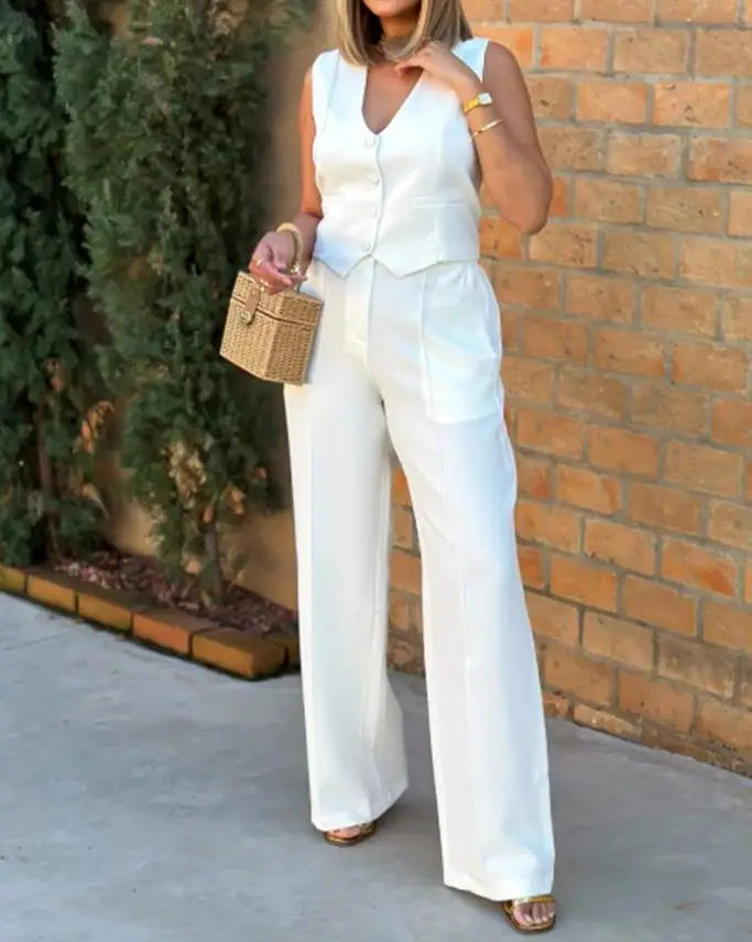 New 2024 Women's Summer Casual 2PCS Pants Sets Solid Vest +Pants Sets Elegant High Waist Wide Leg Outfits Women Matching Sets