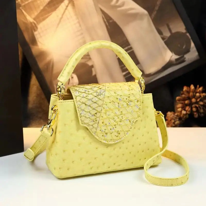 Fashion Luxury Leather Women's Handbags V Letter Small Shoulder Crossbody Bag Niche Ostrich Print Portable Messenger Shell Bags