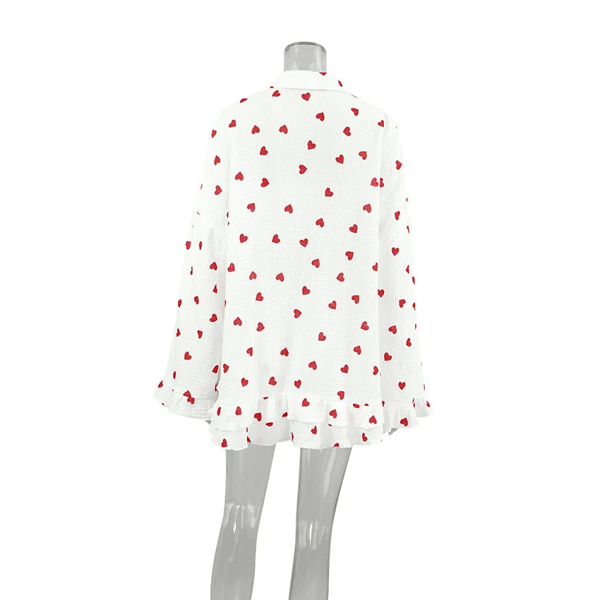 Spring New Fashion Style Love Printed Ruffle Edge Underwear Long sleeved Shorts Three piece Set for Women's Home Fury
