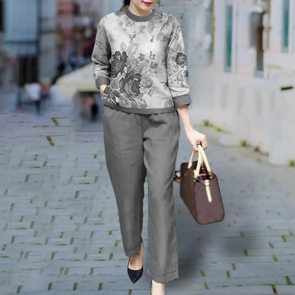 Loose Fit Women Casual Set Floral Print Women's T-shirt Pants Set with Wide Legs Pockets Stylish Spring/fall Suit for Female