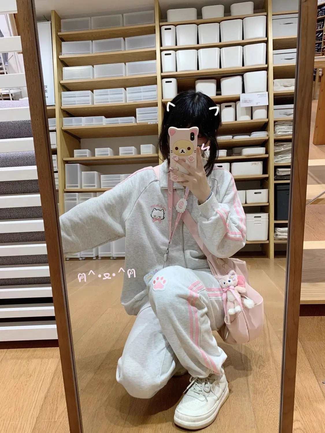 HOUZHOU Japanese Fashion Kawaii Zipper Hoodie Women Harajuku Cute Pink Cat Embroidery Oversized Hooded Sweatshirt Winter 2023