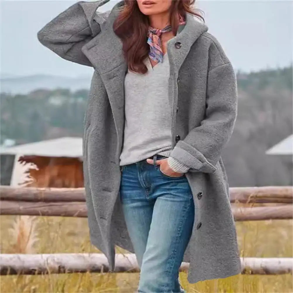 Mid-length Women Jacket Woolen Fabric Jacket Stylish Women's Hooded Overcoat with Pockets Warm Windproof Mid for Fall for Daily