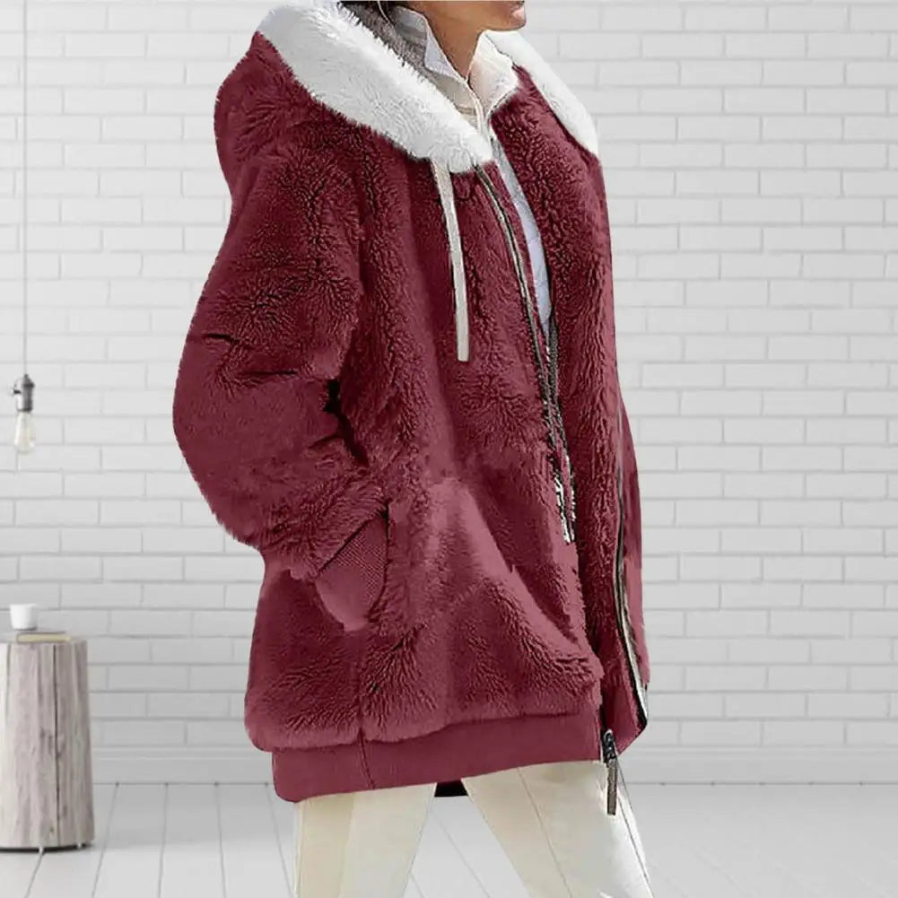 Women's Winter Coat Solid Color loose Plush Zipper Hooded