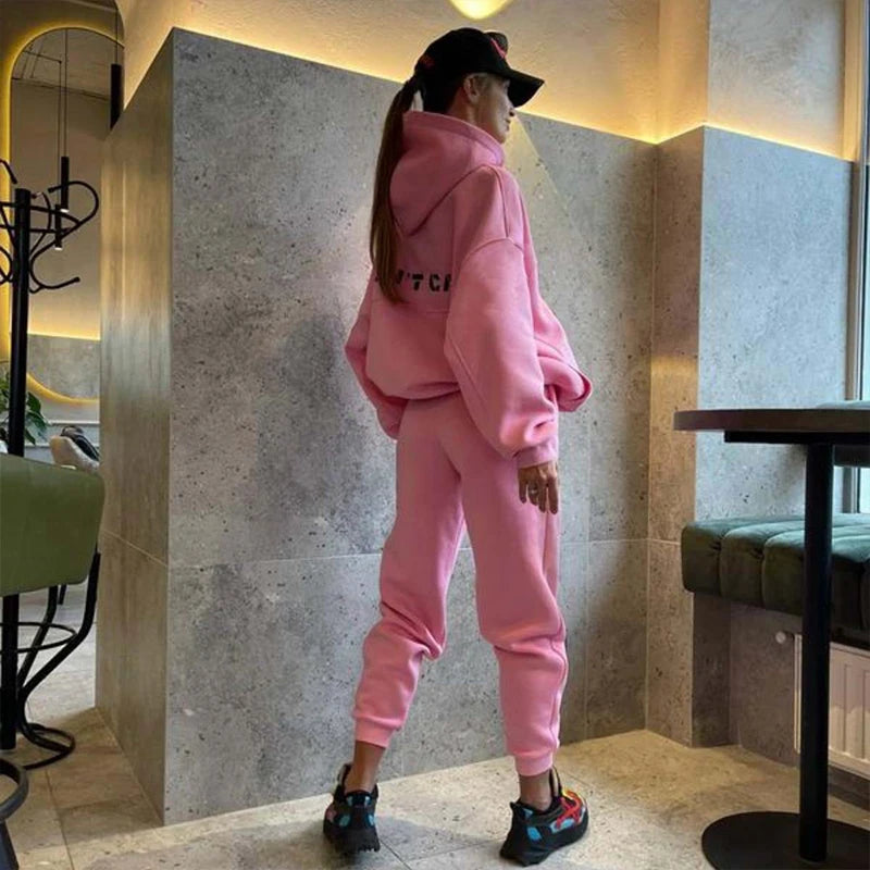 2024 New Women's Casual Fashion Print Suit Solid Color Thickened Warm Hooded Top Elastic Sports Pants Female's Two Piece Set
