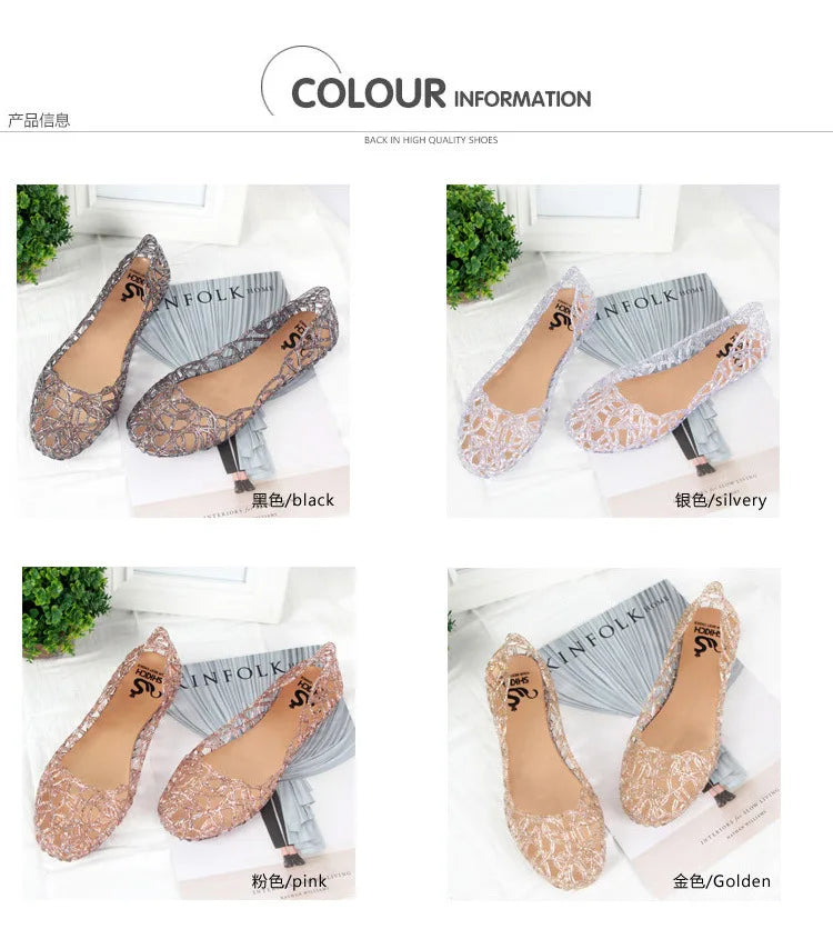 Summer women sandals flat-soled crystal clogs hollow flat-soled slip-ons shallow mouth Roman jelly shoes beach sandals