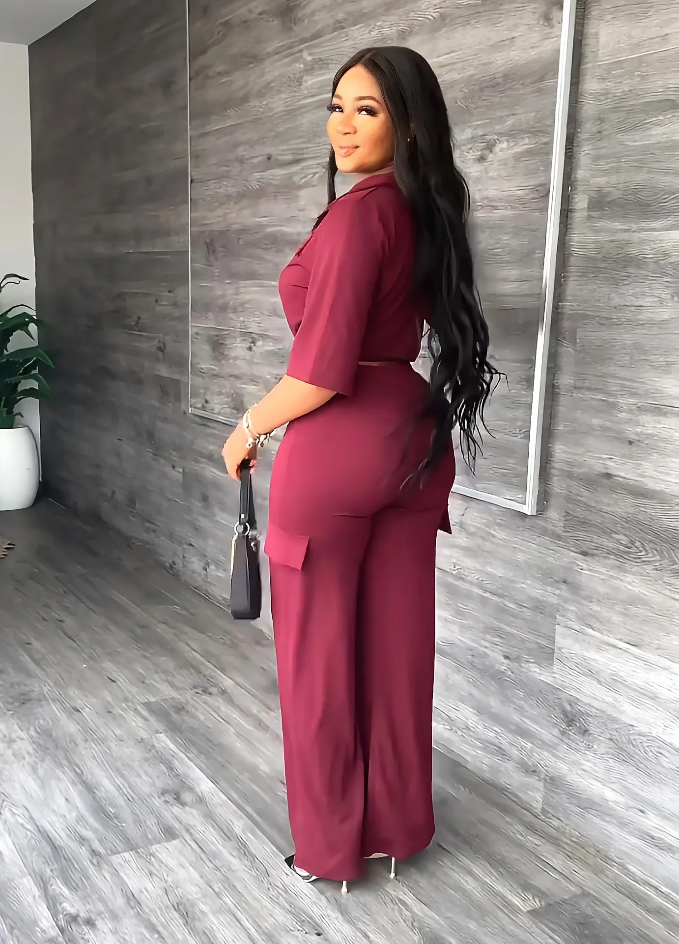 Elegant Women's Set Casual Drawstring Half Sleeve Short Blouse High Waist Straight Wide Leg Pant Suit Tracksuit Two Piece Outfit