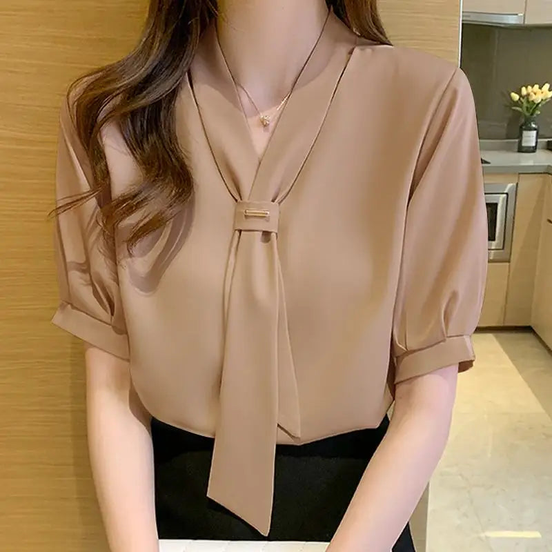 VONDA 2024 Summer Women Tops Fashion Casual Short Sleeve Chiffon Blouse Tie Shirts Loose Solid Color Tunic Blusas Femininas
