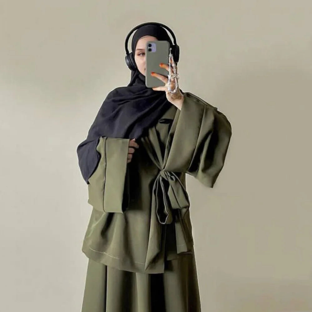 Eid Muslim Suit Modest Two Piece Women Lace Up Top Skirt Outfits Ramadan Morocco Dubai Abayas Ensemble Islam Arab Jalabiya