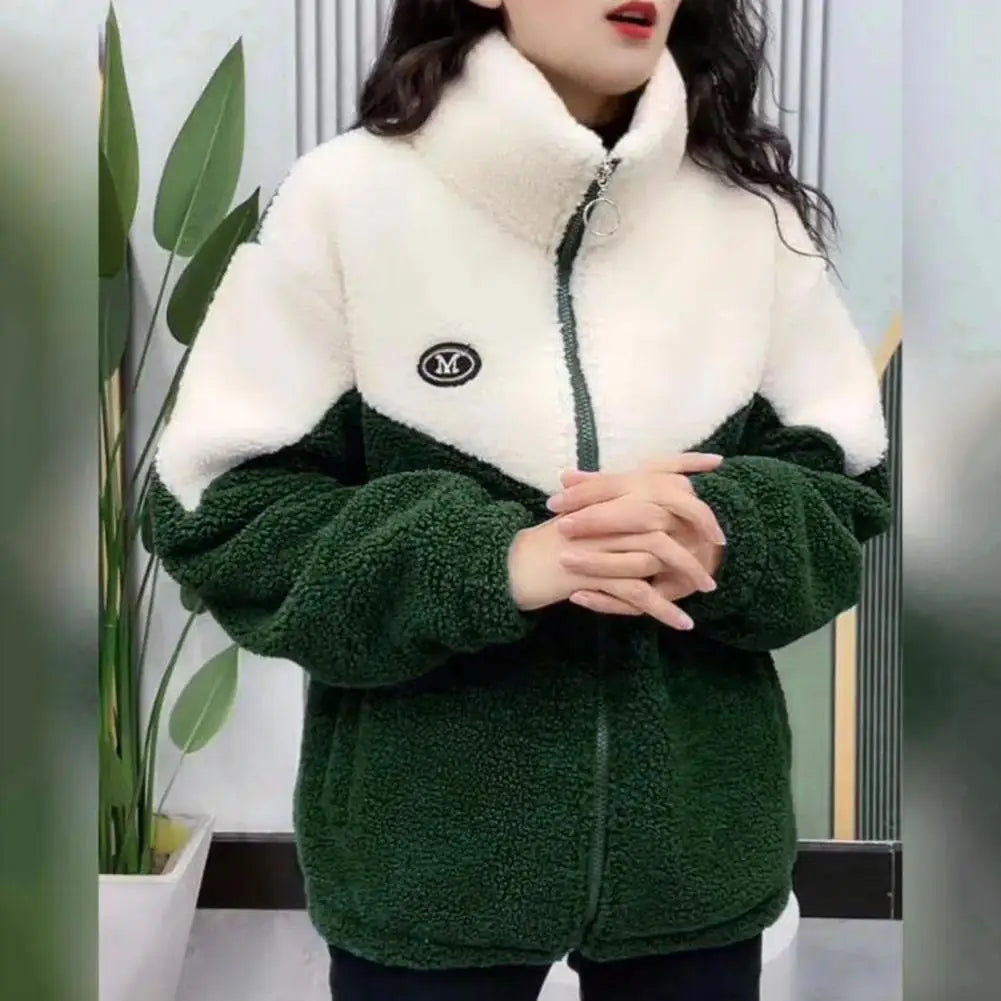 Autumn Winter Fleece Fluffy Jacket Streetwear Harajuku Zipper Coat Woman Lightweight Jacket Plush Warm Jacket Splice Coat