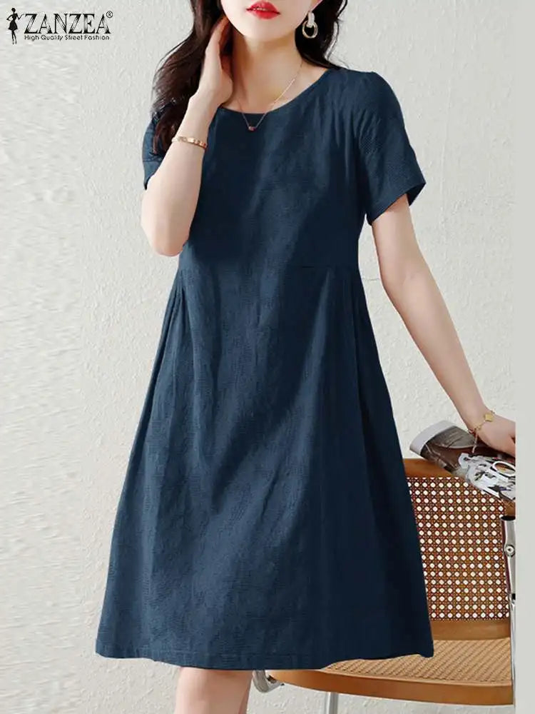 ZANZEA Holiday Texture Fabric Cotton Robe Women Knee-length Dress 2024 Summer Short Sleeve Vestido Casual Loose Solid Mini Dress