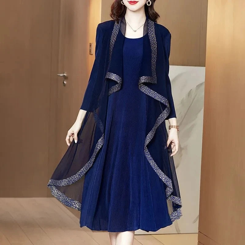 2023 Autumn New Vintage High End Elegant Dress Casual Western Style Large Size Loose Fake Two Pieces Shawl Dress Long Vestidos