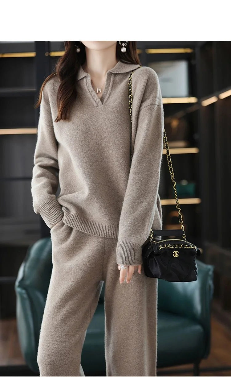 Knitted Suit Women's 2024 New Fashion Autumn Winter Long-sleeved Lapel Sweater+Wide leg pants Female Loose Casual Two-piece Sets