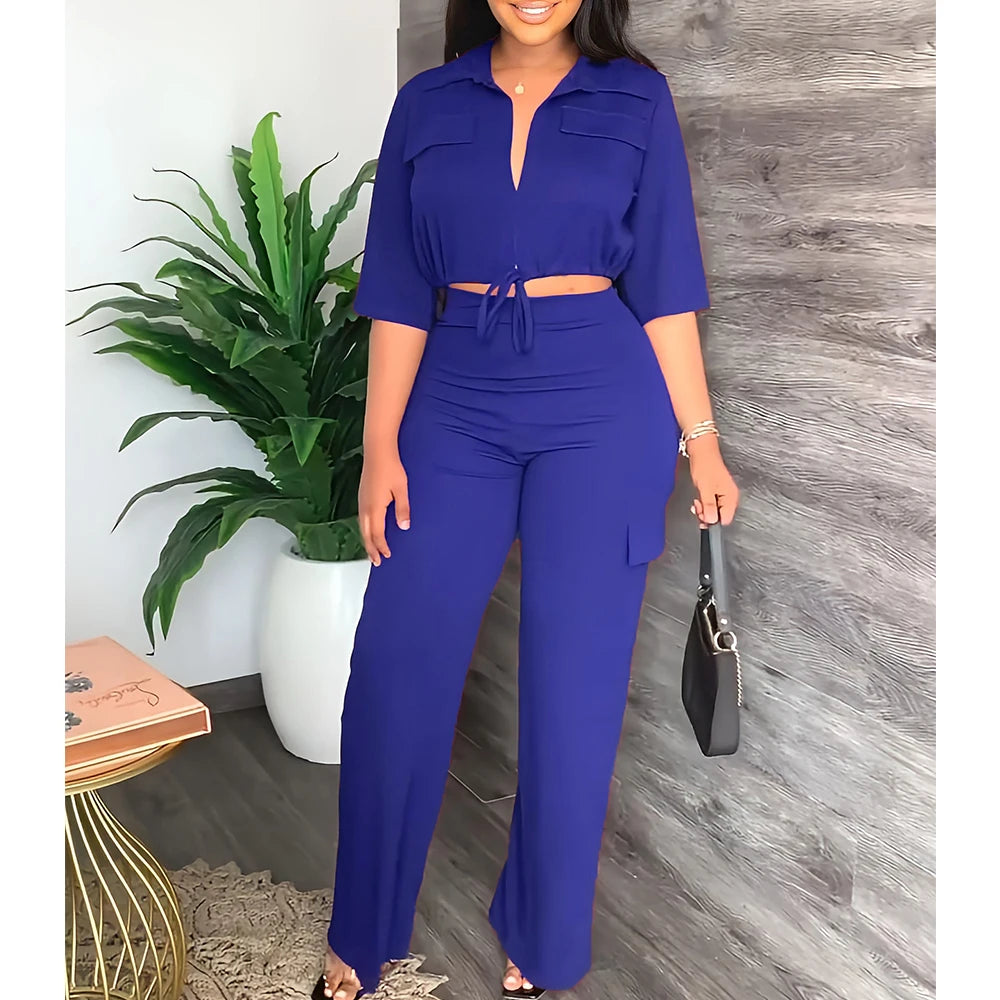 Elegant Women's Set Casual Drawstring Half Sleeve Short Blouse High Waist Straight Wide Leg Pant Suit Tracksuit Two Piece Outfit