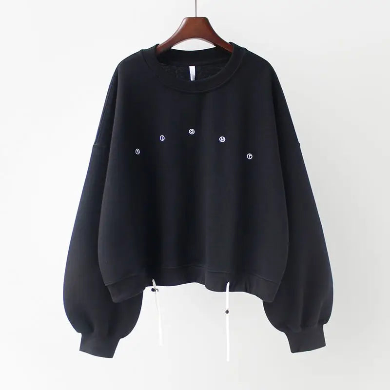 Y2k Sweatshirt For Women Short Embroidery Spring Autumn New Loose Korean Fashion Long Sleeve Drawstring Pullover Top Woman