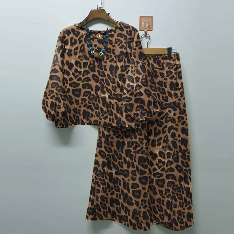 ZANZEA Spring Leopard Printed Matching Sets 3/4 Sleeve O-Neck Blouse Casual Trousers 2PCS Woman Fashion Party Suit Oversized
