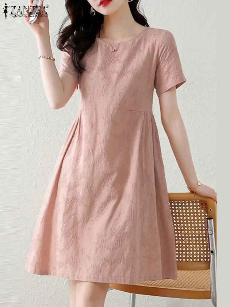 ZANZEA Holiday Texture Fabric Cotton Robe Women Knee-length Dress 2024 Summer Short Sleeve Vestido Casual Loose Solid Mini Dress