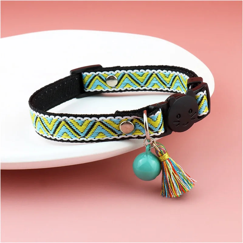 Adjustable cat collar with tassels and bells embellished pet collar colorful plaid jacquard pattern for cat and dog collars