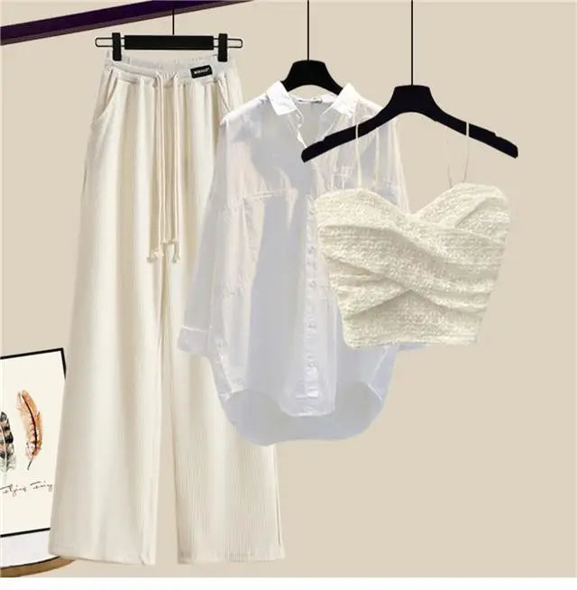 2023 Summer New Wide Free Casual Wide Leg Trousers White Shirt Wave Bra Vest Three Piece Elegant Women's Pants Set Tracksuit